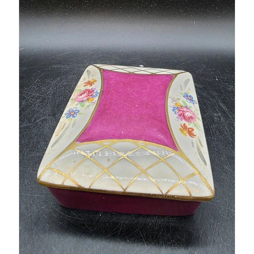 Vintage BW Hand Painted Porcelain Rectangular Trinket Dresser Box Flower Floral